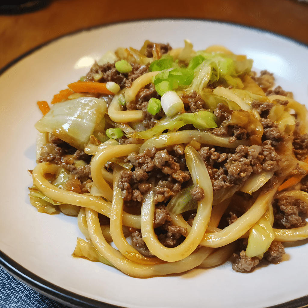 Ground Beef and Udon Noodle Stir Fry, rich and chewy