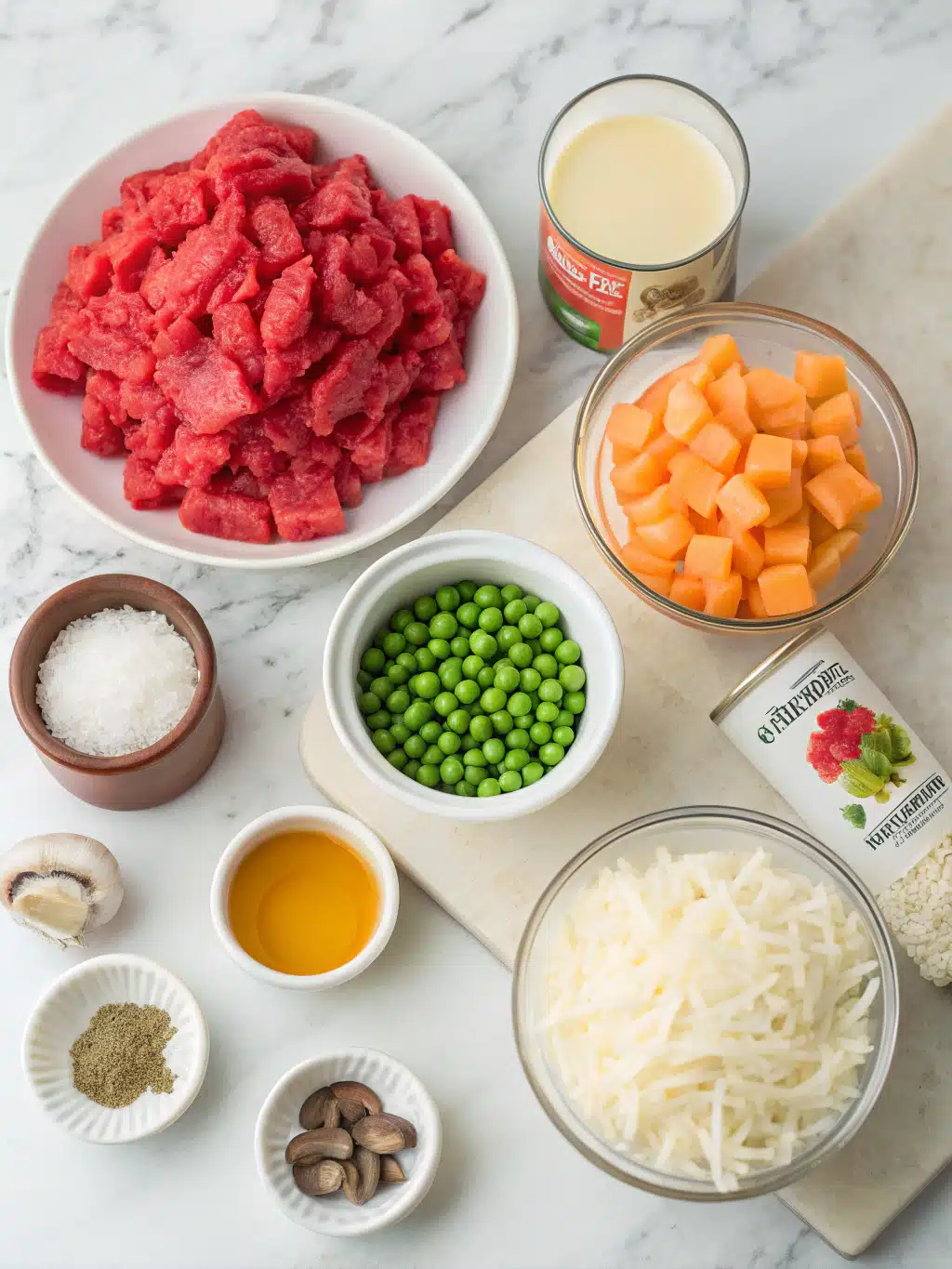 Ground beef Christmas casserole ingredients laid out on kitchen counter