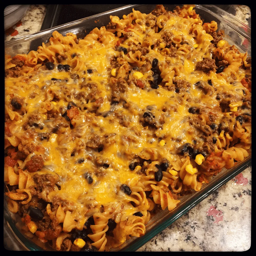 Ground Beef Enchilada Pasta Bake, spicy and cheesy