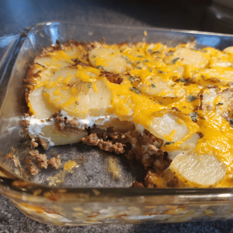 Ground Beef Potato Bake with Sour Cream, rich and hearty
