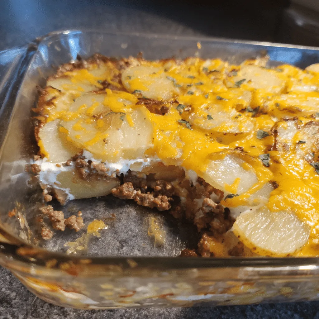 Ground Beef Potato Bake with Sour Cream, rich and hearty