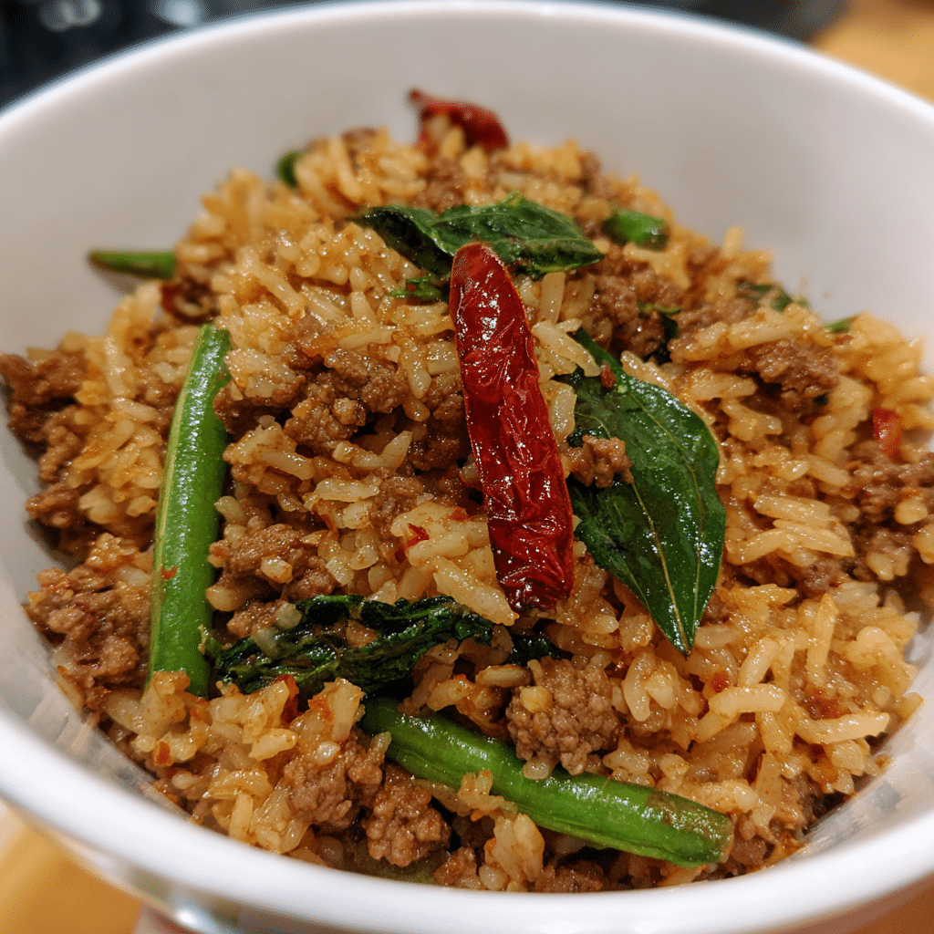 Ground Beef Thai Basil Fried Rice, fragrant and spicy