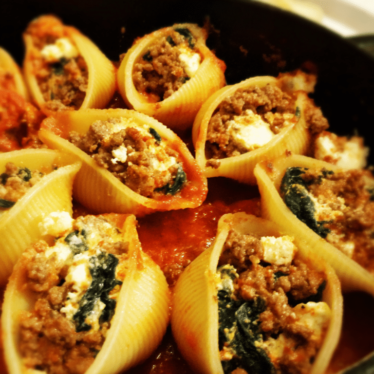 Holiday Stuffed Shells with Ground Beef, festive and cheesy