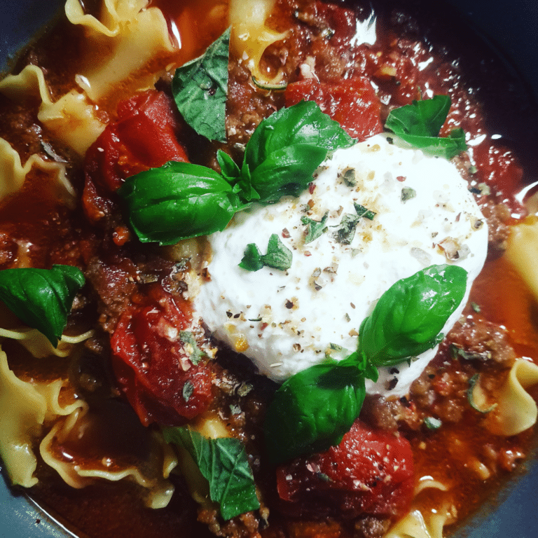 Lasagna Soup with Burrata and Basil, ultra-creamy