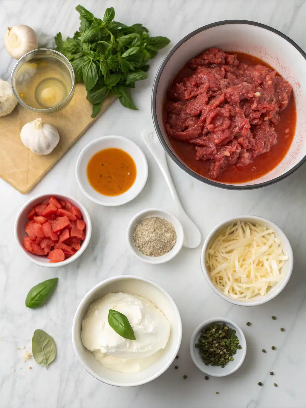 lasagna soup with burrata and basil ingredients