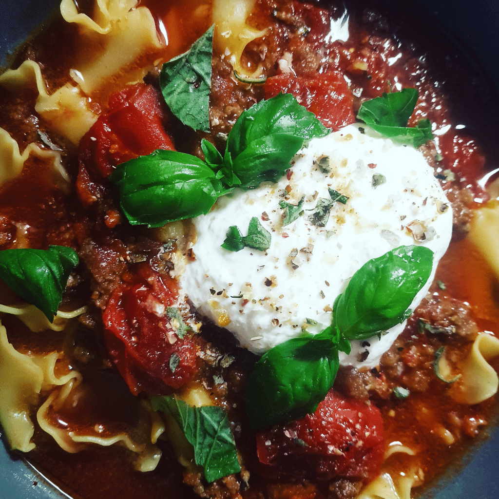Lasagna Soup with Burrata and Basil, ultra-creamy