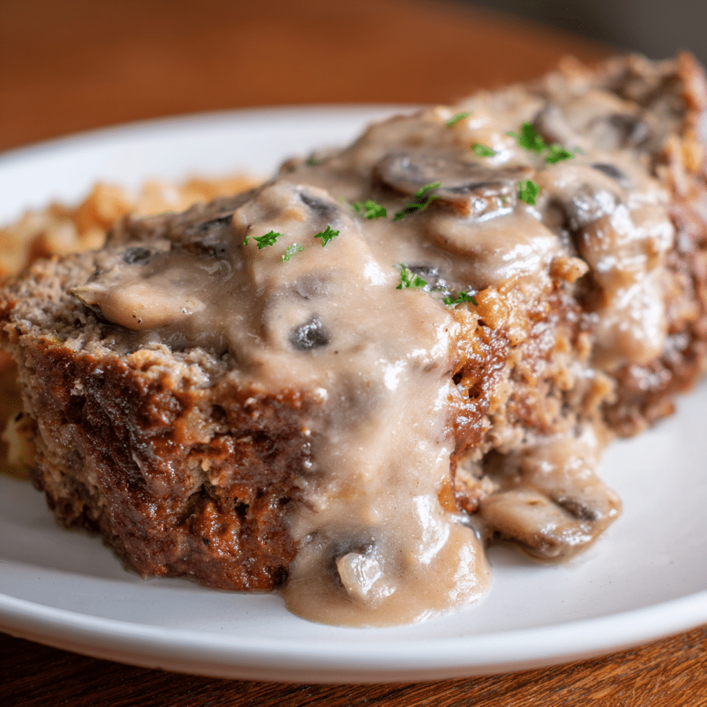 Meatloaf with Creamy Mushroom Sauce, rich and earthy