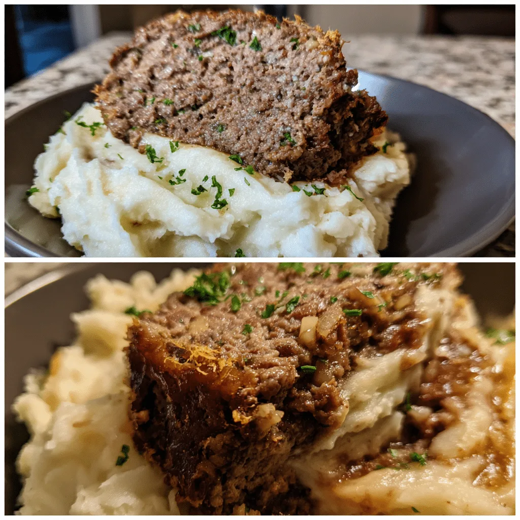 Meatloaf with Roasted Garlic Mashed Potatoes, rich and aromatic