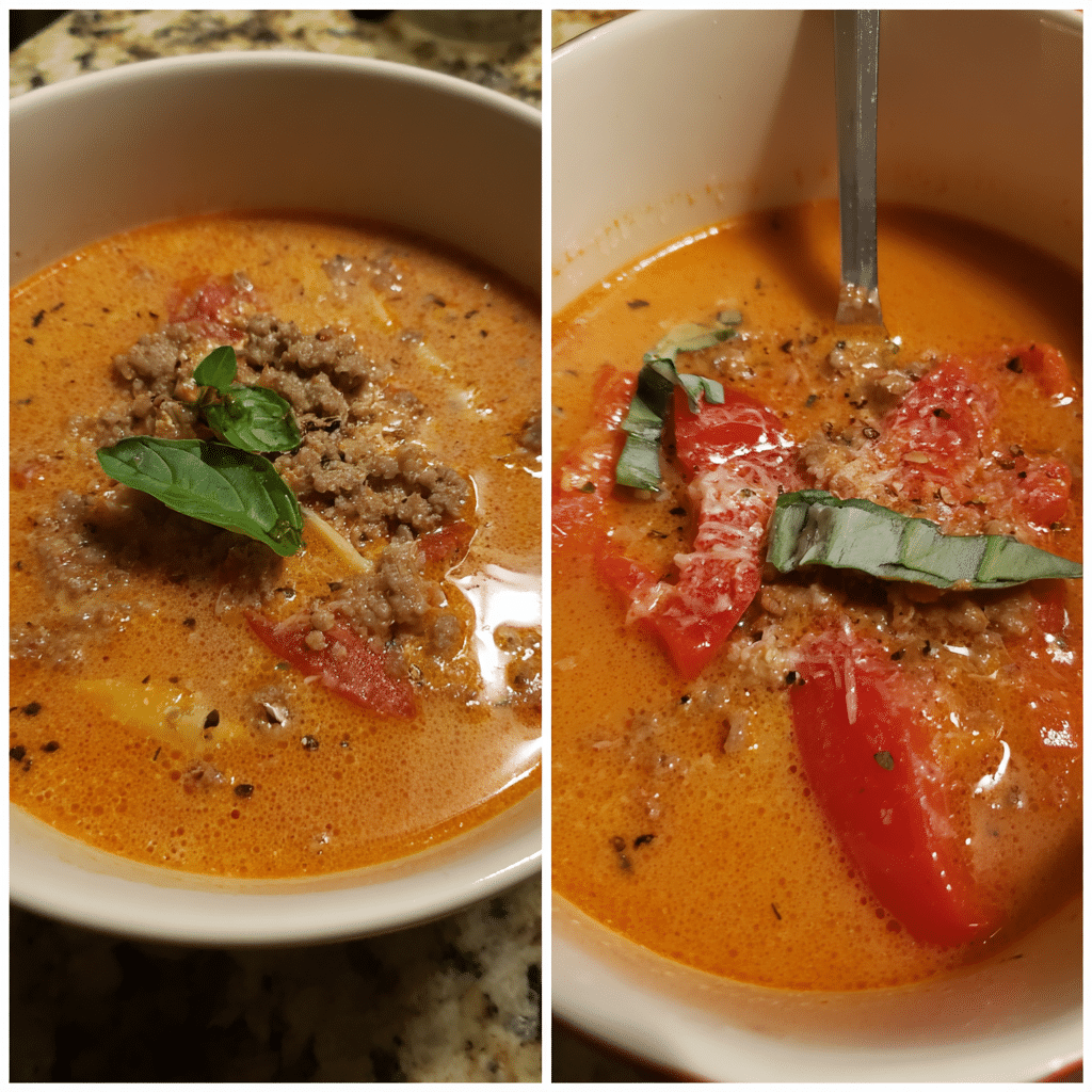 Roasted Red Pepper Lasagna Soup, creamy and smoky with rich peppers