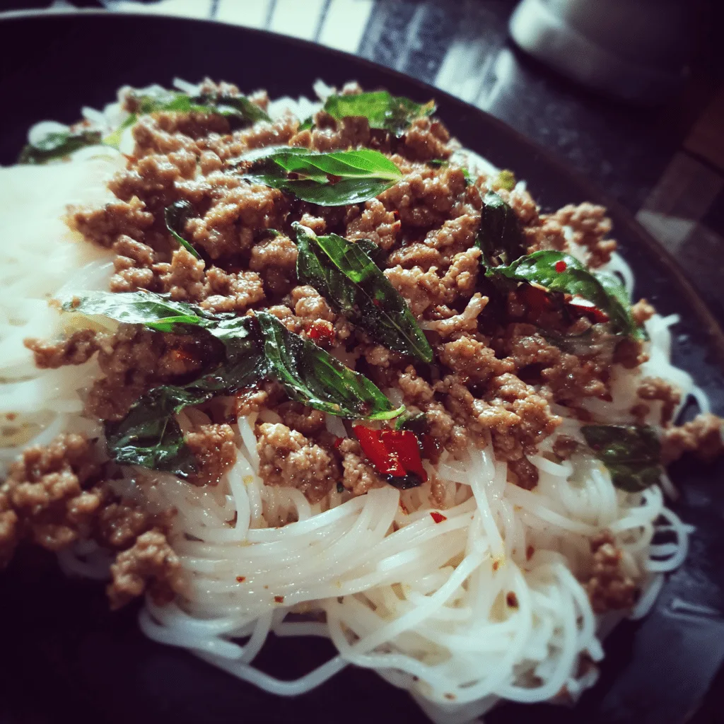 Asian Ground Beef Basil Noodles
