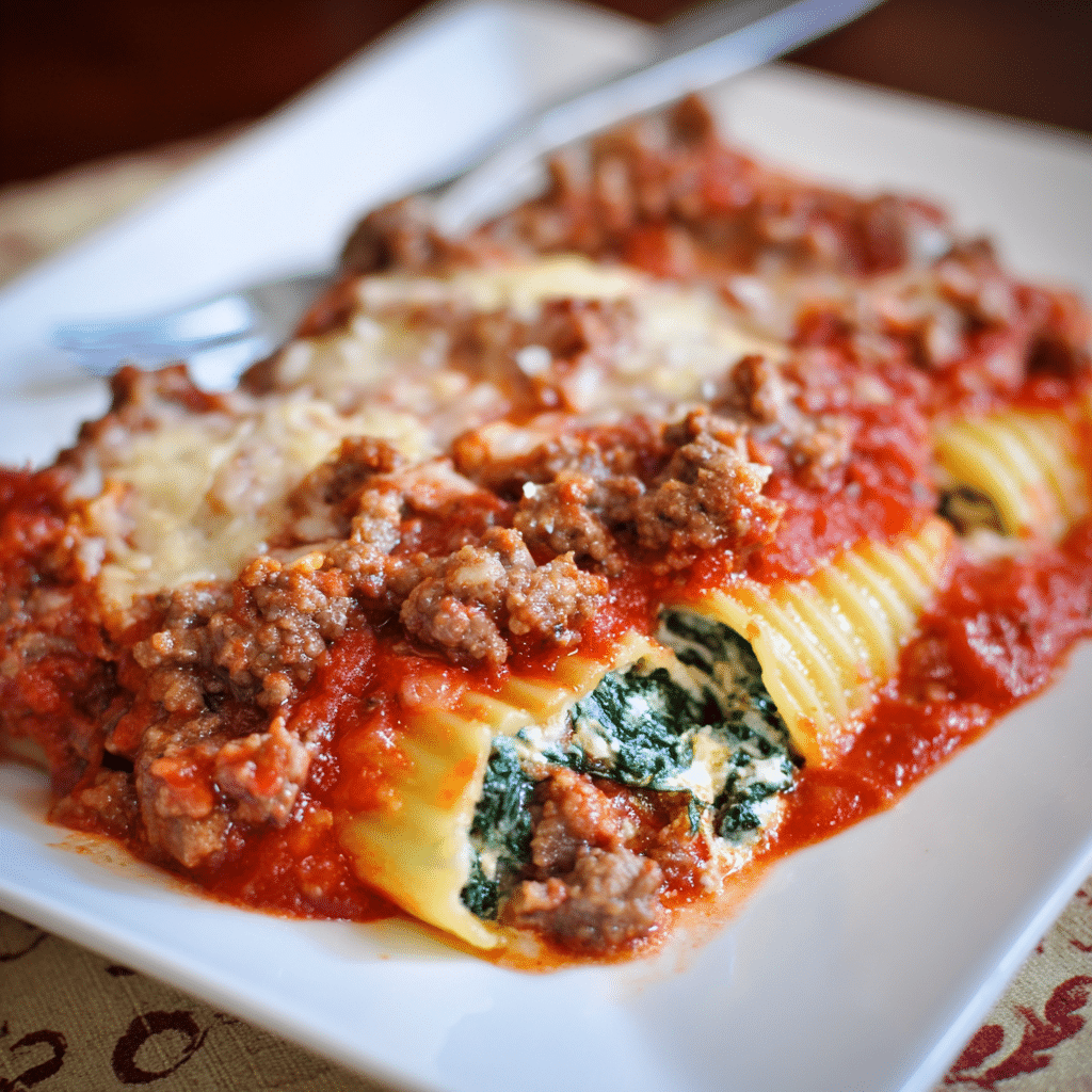 Beef and Spinach Manicotti Bake