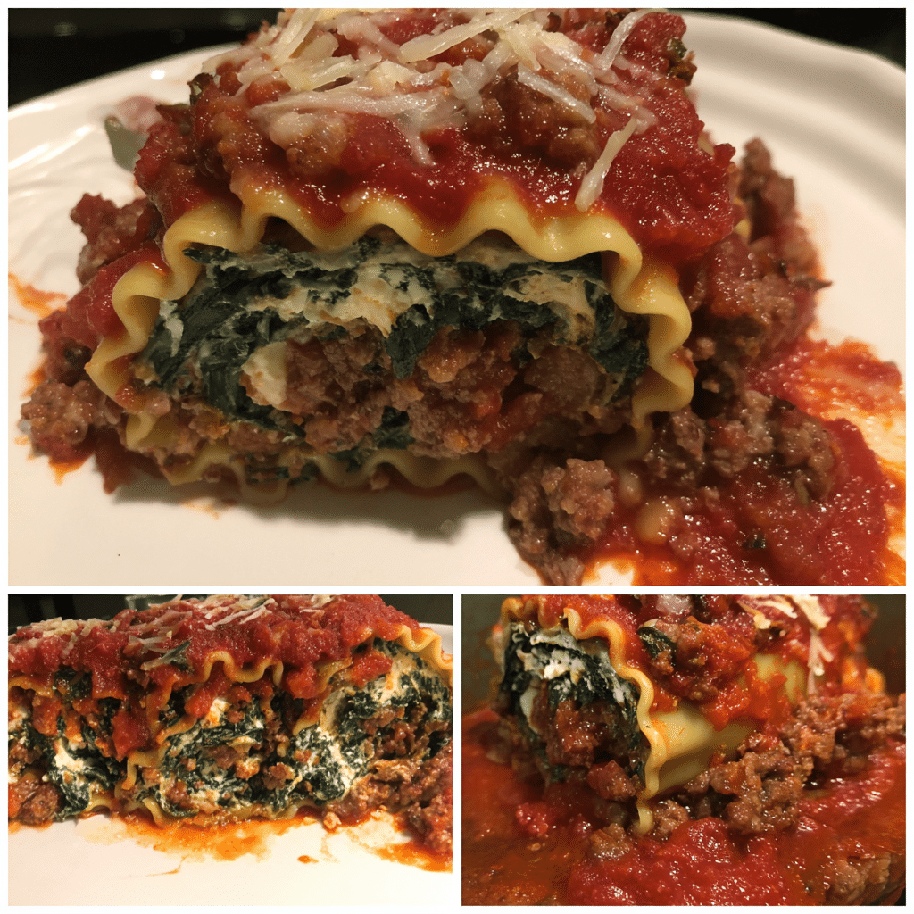 Beefy Spinach Lasagna Roll Bake