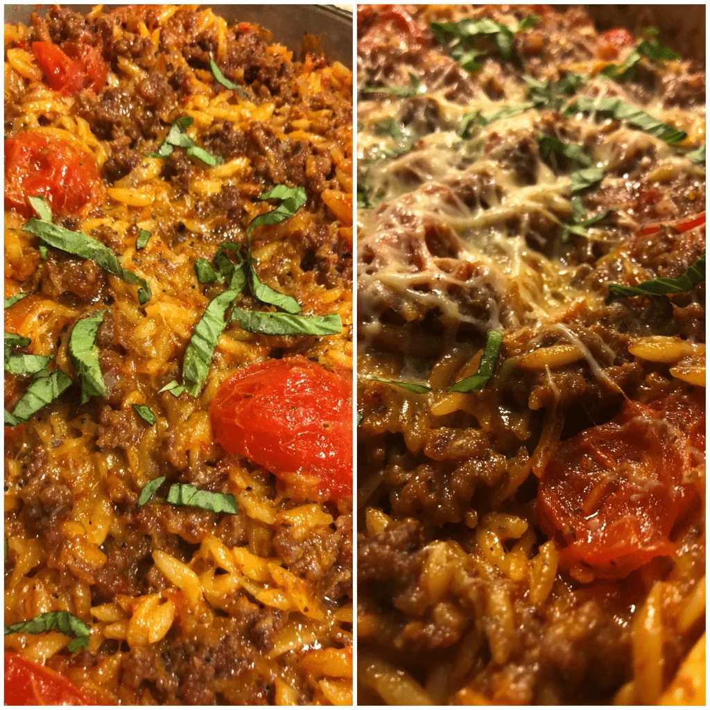 Beefy Tomato Basil Orzo Bake, fresh and comforting