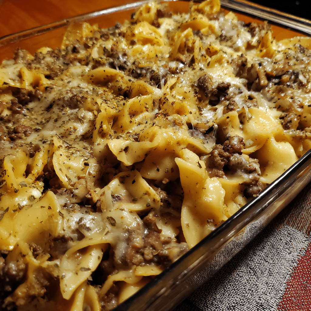 Ground Beef and Mushroom Alfredo Bake