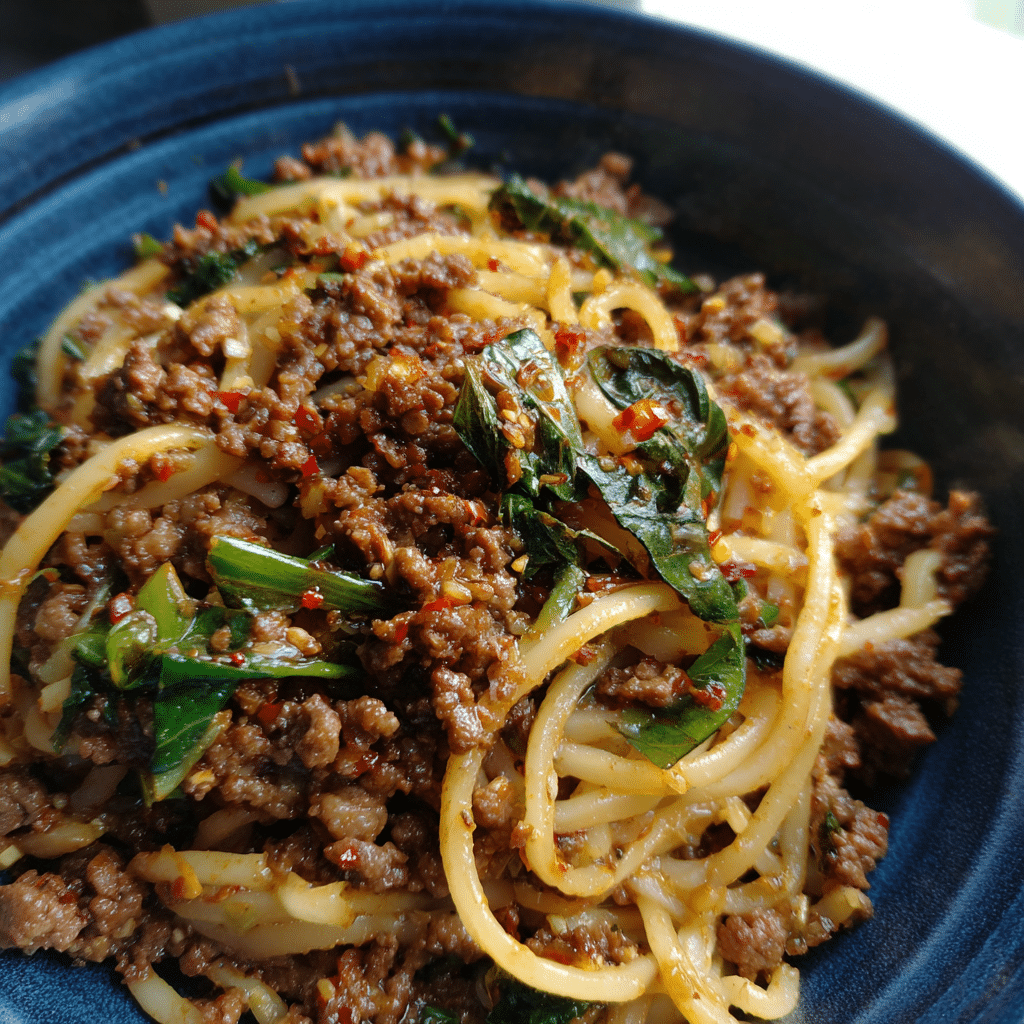 Ground Beef Basil Noodles