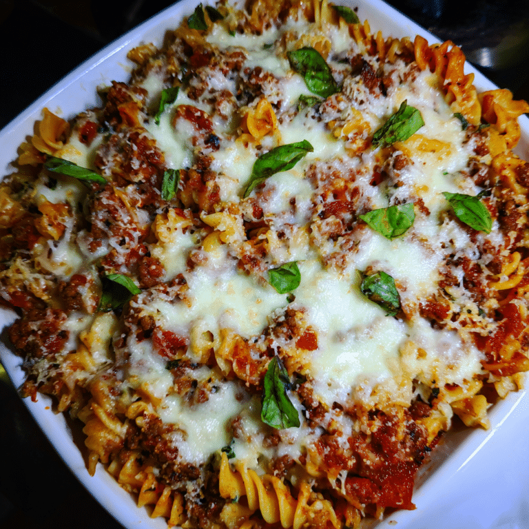 Ground Beef Bruschetta Pasta Bake, fresh and savory