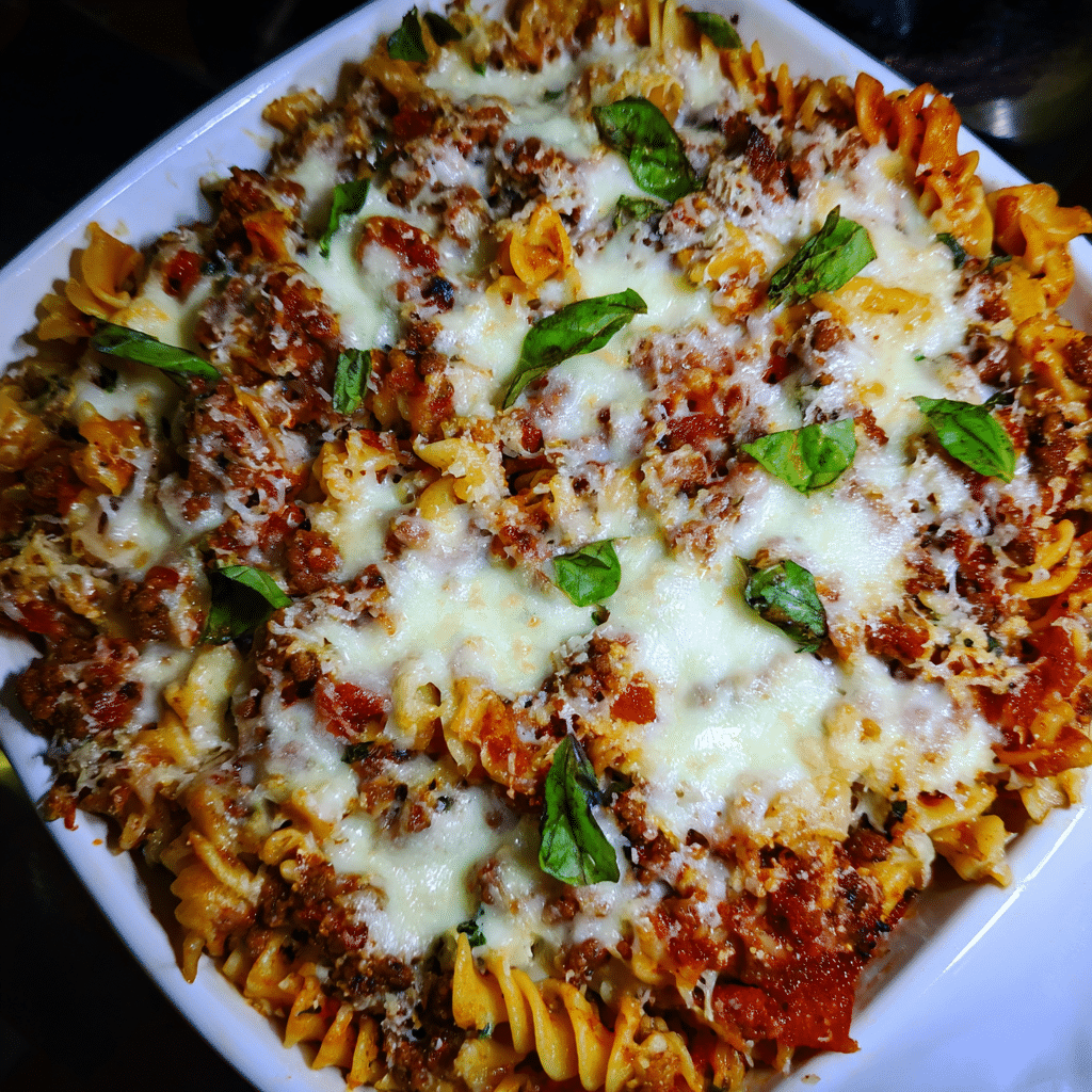 Ground Beef Bruschetta Pasta Bake