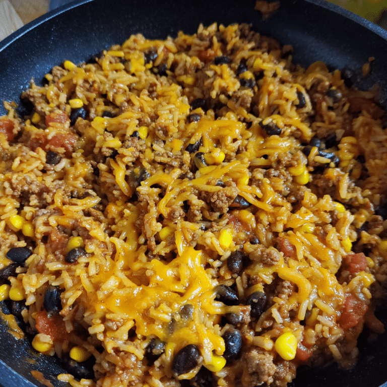 Ground Beef Enchilada Rice Skillet, spicy and filling