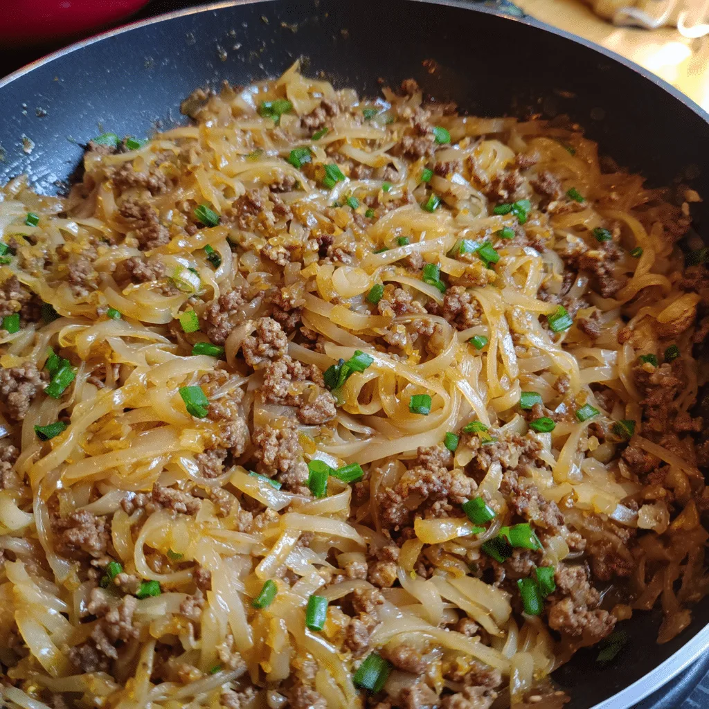 Ground Beef Rice Noodle Skillet, light and satisfying