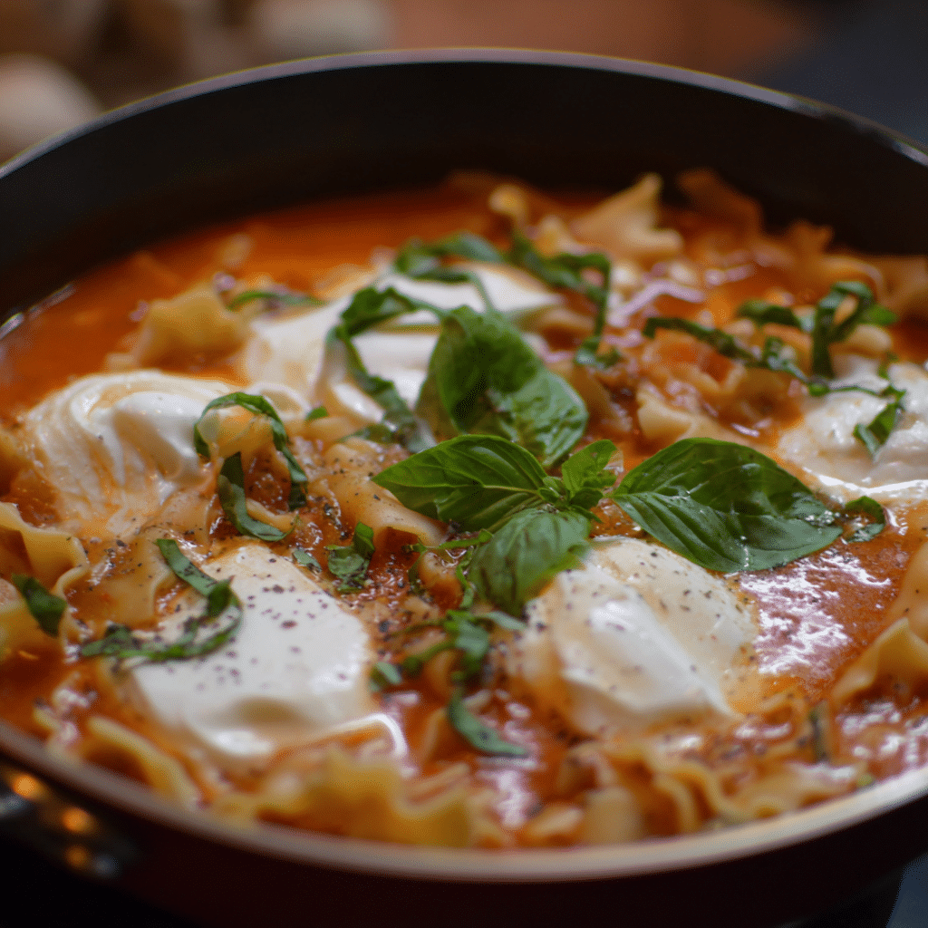Lasagna Soup with Fresh Basil and Mozzarella, fresh and melty