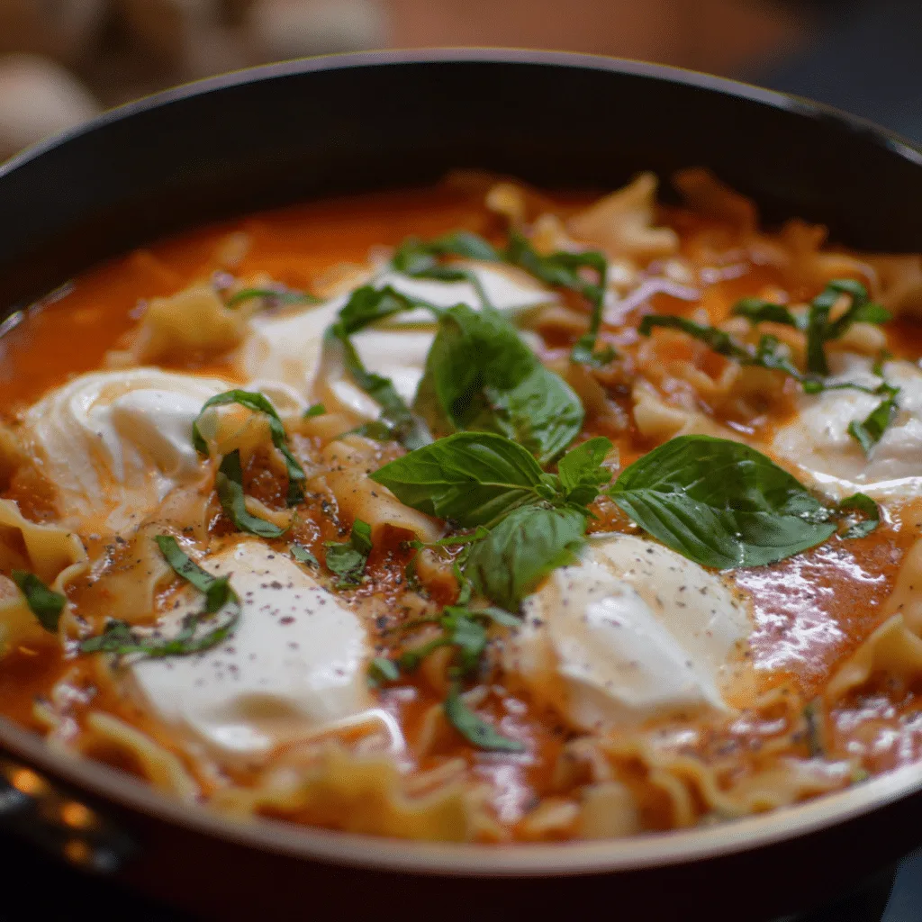 Lasagna Soup with Fresh Basil and Mozzarella, fresh and melty