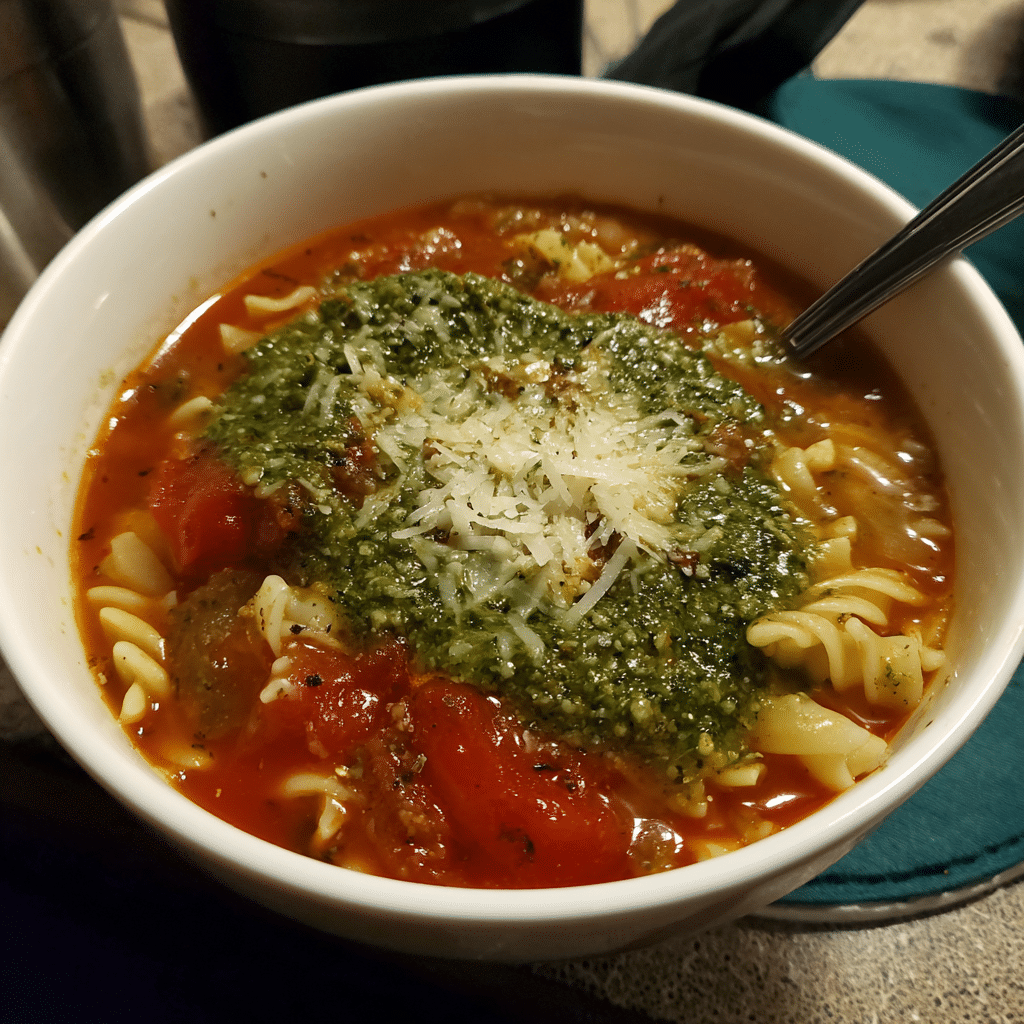 Lasagna Soup with Spinach Pesto